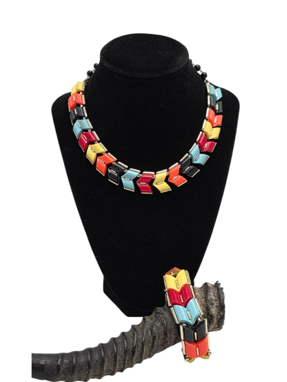 Vintage Coro Thermoset Necklace Bracelet Set 1950s Colorful Chevron MCM